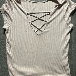 Cream Ribbed Women's Crop Top with Crisscross Detail, Size S/M